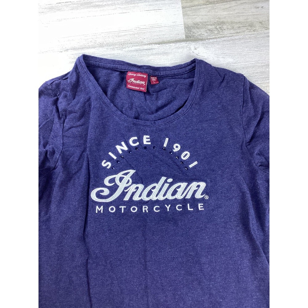 Indian Motorcycle Womens LS shirt Size Large Blue Embroidered Rhinestones
